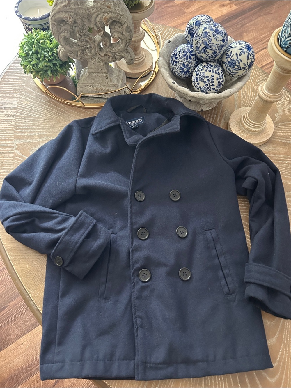 Boys Dark Navy Blue Double-Breasted Winter Pea Coat size 10/12